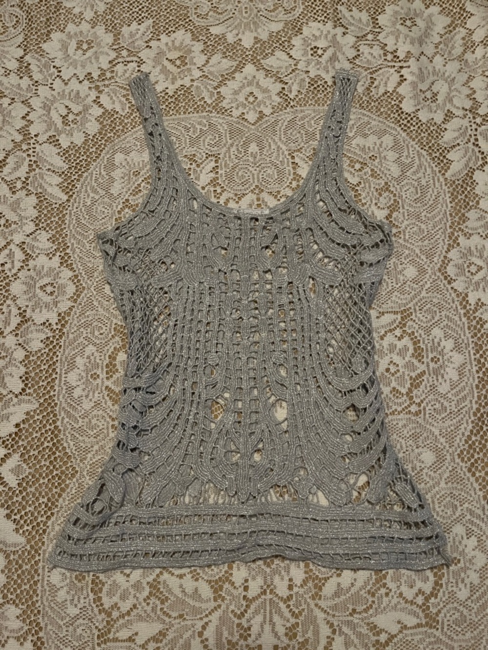 Studio C Y2K Glittery Crochet Tank Top, Silver-Grey, Size S